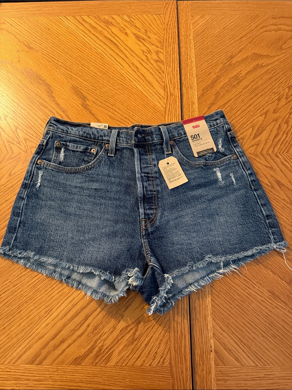 Levi's 501 Frayed Hem Mid Blue Denim Shorts